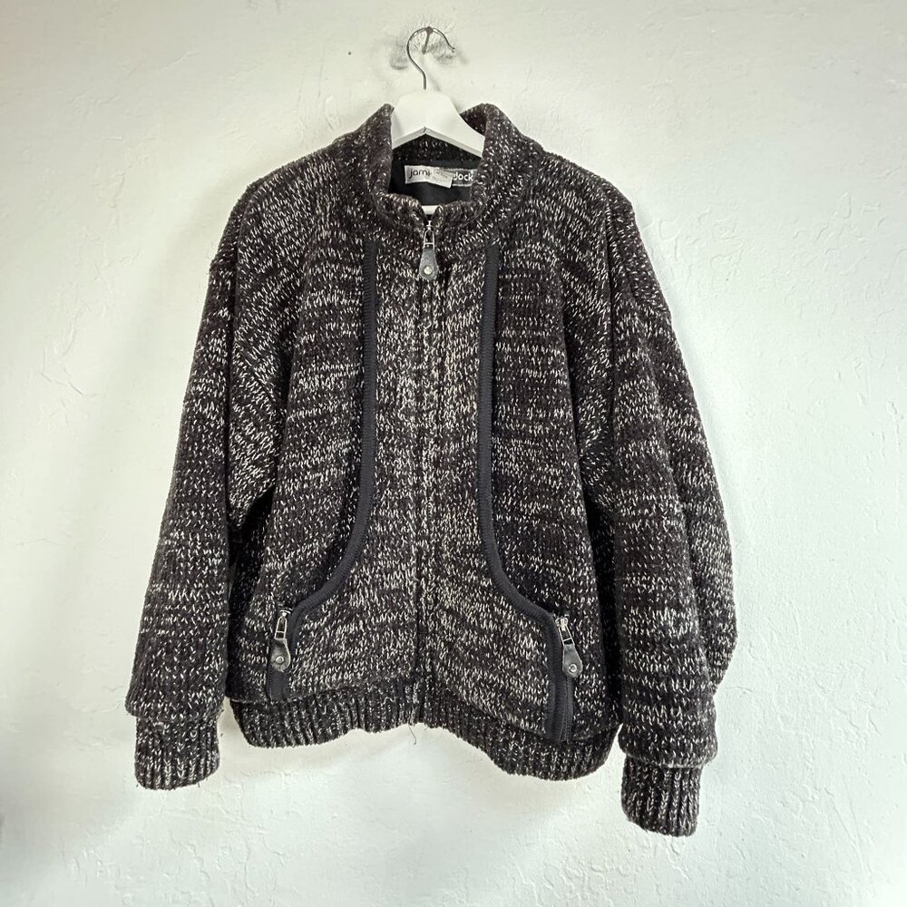 Jamie Sadock Womens Knit Zip Up Jacket Cardigan Large Black White Wool Blend